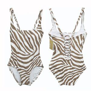 Michael Kors Womens 6 Tan Zebra Print‎ 1 Piece Swimsuit Ladder Back Design